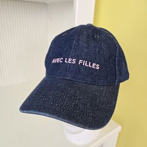 Avec Les Filles Denim Dark Blue Pink Embroidered Baseball Hat